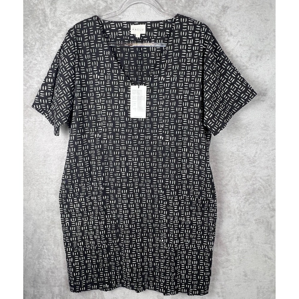 Maelu Handmade Large Block Tunic Dress Joni Ikat Black White Artisan Boho